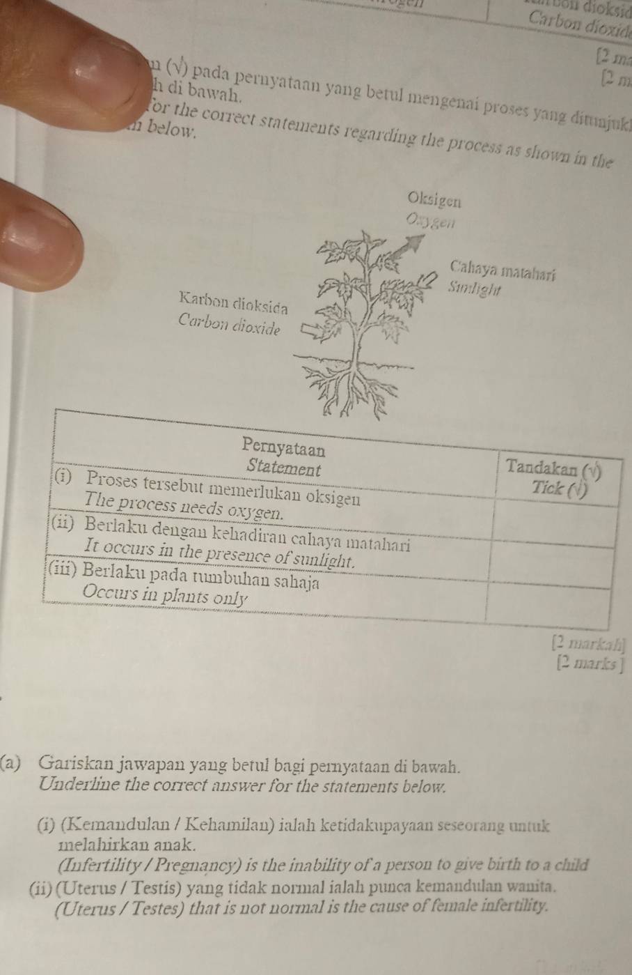 dion dioksid
Carbon dioxid
[2 m
[2 m
h di bawah.
n (√) pada pernyataan yang betul mengenai proses yang ditunjuk
m below.
for the correct statements regarding the process as shown in the 
]
[2 marks ]
(a) Gariskan jawapan yang betul bagi pernyataan di bawah.
Underline the correct answer for the statements below.
(i) (Kemandulan / Kehamilan) ialah ketidakupayaan seseorang untuk
melahirkan anak.
(Infertility / Pregnancy) is the inability of a person to give birth to a child
(ii) (Uterus / Testis) yang tidak normal ialah punca kemandulan wanita.
(Uterus / Testes) that is not normal is the cause of female infertility.