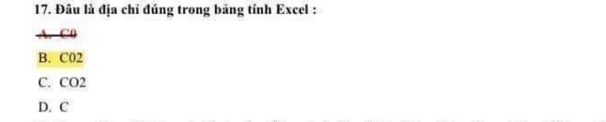 Đâu là địa chỉ đúng trong bảng tính Excel :
C0
B. CO2
C. CO2
D. C