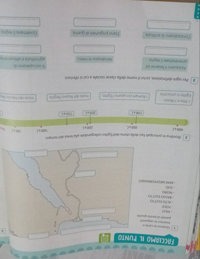 FACCIAMO IL PUNTO 
4 
1 Osserva la carta e 
inserisci le seguenti 
parole al posto giusto. 
_ 
- NILO 
_ 
. FOCE 
· ALTO EGITTO 
• BASSO EGITTO 
- NORD 
。 SUD 
- MAR MEDITERRANEO 
_ 
_ 
2 Riordina le principali fasi della storia dell'Egitto collegandole alla linea del tempo.
4000 a.C. 3000 a.C. 1000 a.C. 500 a .C.. Nos
2000 a.C.
3100 a.C. 2050 a.C. 1550 a.C 
L’Alto e il Basso 
Egitto si uniscono l Romani occupano l’Egitto Inizio del Nuovo Regno Inizio del Medio Re 
3 Per ogni definizione, scrivi il nome della classe sociale a cui sì riferisce. 
Aiutavano il faraone ad Si occupavano di 
amministrare il regno. Vendevano le merci. agricoltura e allevamento 
_ 
_ 
_ 
Conoscevano la scrittura. Erano prigionieri di guerra. Governava il regno 
_ 
_ 
_