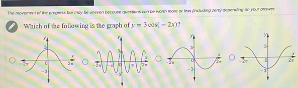 The movement of the progress bar may be uneven because questions can be worth more or less (including zero) depending on your answer. 
Which of the following is the graph of y=3cos (-2x) ?