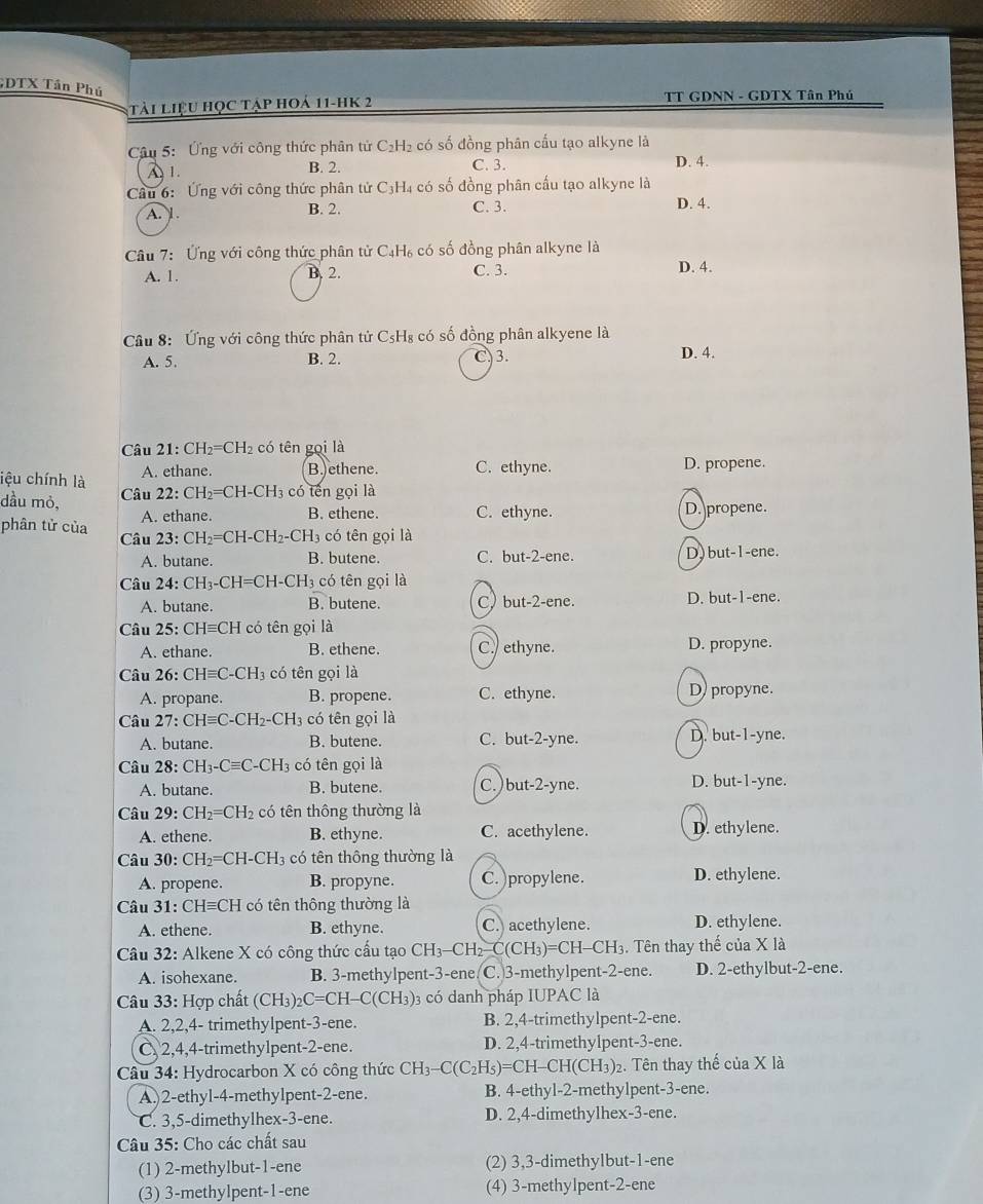 DTX Tần Phú
1  à  l iệu học tập hoả 11-hk 2  TT GDNN - GDTX Tân Phủ
Câu 5: Ứng với công thức phân tử C₂H₂ có số đồng phân cấu tạo alkyne là
A1. B. 2. C. 3. D. 4.
Câu 6: Ứng với công thức phân tử C₃H₄ có số đồng phân cấu tạo alkyne là
A. 1 B. 2. C. 3.
D. 4.
Câu 7: Ứng với công thức phân tử C₄H₆ có số đồng phân alkyne là
A. 1. B. 2. C. 3. D. 4.
Câu 8:  Ứng với công thức phân tử 6 C_5F Hg có số đồng phân alkyene là
A. 5. B. 2. 3. D. 4.
Câu 21: CH₂=CH₂ có tên gọi là
iệu chính là A. ethane. B.) ethene. C. ethyne. D. propene.
dầu mỏ,  Câu 22: CH₂=CH-CH₃ có tên gọi là
A. ethane. B. ethene. C. ethyne. D. propene.
phân tử của Câu 23: CH_2=CH-CH_2-CH_3 có tên gọi là
A. butane. B. butene. C. but-2-ene. D) but-1-ene.
Câu 24: CH_3 -CH=CH-CH₃ có tên gọi là
A. butane. B. butene. C) but-2-ene. D. but-1-ene.
Câu 25: CH=CH có tên gọi là
A. ethane. B. ethene. C. ethyne. D. propyne.
Câu 26: CHequiv C-CH_3 có tên gọi là
A. propane. B. propene. C. ethyne. D) propyne.
Câu 27: CHequiv C C-CH2-CH3 có tên gọi là
A. butane. B. butene. C. but-2-yne. D. but-1-yne.
Câu 28: CH_3-Cequiv C-CH_3 có tên gọi là
A. butane. B. butene. C. ) but-2-yne. D. but-1-yne.
Câu 29:CH_2=CH_2 có tên thông thường là
A. ethene. B. ethyne. C. acethylene. D. ethylene.
Câu 30 :CH_2=CH-CH_3 có tên thông thường là
A. propene. B. propyne. C. )propylene. D. ethylene.
Câu 31: CHequiv CH có tên thông thường là
A. ethene. B. ethyne. C. acethylene. D. ethylene.
Câu 32: Alkene X có công thức cấu tạo CH₃-CH₂-C(CH₃)=CH-CH₃. Tên thay thế của X là
A. isohexane. B. 3-methylpent-3-ene. C. 3-methylpent-2-ene. D. 2-ethylbut-2-ene.
Câu 33: Hợp chất (CH3)2 C=CH-C(CH_3) 3 có danh pháp IUPAC là
A. 2,2,4- trimethylpent-3-ene. B. 2,4-trimethylpent-2-ene.
C 2,4,4-trimethylpent-2-ene. D. 2,4-trimethylpent-3-ene.
Câu 34: Hydrocarbon X có công thức CH CH_3-C(C_2H_5)=CH-CH(CH_3 )2. Tên thay thế của X là
A.)2-ethyl-4-methylpent-2-ene. B. 4-ethyl-2-methylpent-3-ene.
C. 3,5-dimethylhex-3-ene. D. 2,4-dimethylhex-3-ene.
Câu 35: Cho các chất sau
(1) 2-methylbut-1-ene (2) 3,3-dimethylbut-1-ene
(3) 3-methylpent-1-ene (4) 3-methylpent-2-ene