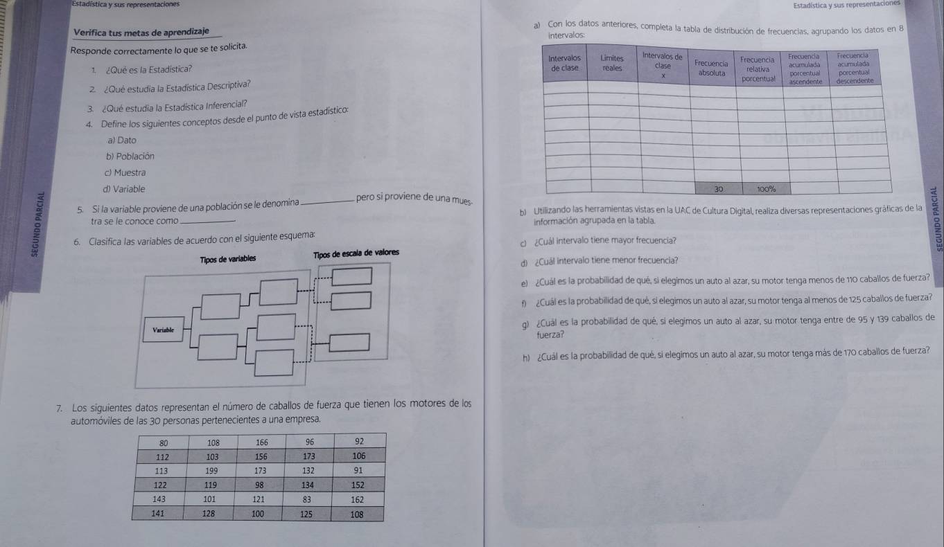 Estadística y sus representaciones
Estadística y sus representaciones
a) Con los datos anteriores, completa la tabla de distribución de frecuenclas, agrupando los datos en 8
Verifica tus metas de aprendizaje intervalos:
Responde correctamente lo que se te solicita.
1.  ¿Qué es la Estadística? 
2 ¿Qué estudia la Estadística Descriptiva?
3. ¿Qué estudia la Estadística Inferencial?
4. Define los siguientes conceptos desde el punto de vista estadístico
a) Dato
b) Población
c) Muestra
d) Variable pero si proviene de una mues-
5. Si la variable proviene de una población se le denomina_ b) Utilizando las herramientas vistas en la UAC de Cultura Digital, realiza diversas representaciones gráficas de la a
tra se le conoce como información agrupada en la tabla.
6. Clasifica las variables de acuerdo con el siguiente esquema:
c) ¿Cuál intervalo tiene mayor frecuencia?
Tipos de variables Tipos de escala de valores
d) ¿Cuál intervalo tiene menor frecuencia?
e) ¿Cuál es la probabilidad de qué, si elegimos un auto al azar, su motor tenga menos de 110 caballos de fuerza?
f) ¿Cuál es la probabilidad de què, si elegimos un auto al azar, su motor tenga al menos de 125 caballos de fuerza?
Variable g) ¿Cuál es la probabilidad de qué, si elegimos un auto al azar, su motor tenga entre de 95 y 139 caballos de
fuerza?
h) ¿Cuál es la probabilidad de qué, si elegimos un auto al azar, su motor tenga más de 170 caballos de fuerza?
7. Los siguientes datos representan el número de caballos de fuerza que tienen los motores de los
automóviles de las 30 personas pertenecientes a una empresa.