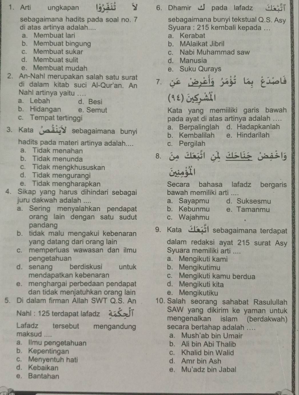 Arti ungkapan    6. Dhamir pada lafadz
sebagaimana hadits pada soal no. 7 sebagaimana bunyi tekstual Q.S. Asy
di atas artinya adalah.... Syuara : 215 kembali kepada ...
a. Membuat lari a. Kerabat
b. Membuat bingung b. MAlaikat Jibril
c. Membuat sukar c. Nabi Muhammad saw
d. Membuat sulit d. Manusia
e. Membuat mudah e. Suku Qurays
2. An-Nahl merupakan salah satu surat
di dalam kitab suci Al-Qur'an. An 7.
Nahl artinya yaitu ….
a. Lebah d. Besi
b. Hidangan e. Semut Kata yang memiiliki garis bawah
c. Tempat tertinggi pada ayat di atas artinya adalah ....
a. Berpalinglah d. Hadapkanlah
3. Kata sebagaimana bunyi
b. Kembalilah e. Hindarilah
hadits pada materi artinya adalah.... c. Pergilah
a. Tidak menahan
b. Tidak menunda
8.

c. Tidak mengkhususkan
d. Tidak mengurangi
e. Tidak mengharapkan Secara bahasa lafadz bergaris
4. Sikap yang harus dihindari sebagai bawah memiliki arti ....
juru dakwah adalah .... a. Sayapmu d. Suksesmu
a. Sering menyalahkan pendapat b. Kebunmu e. Tamanmu
orang lain dengan satu sudut c. Wajahmu
pandang
b. tidak malu mengakui kebenaran 9. Kata sebagaimana terdapat
yang datang dari orang lain dalam redaksi ayat 215 surat Asy
c. memperluas wawasan dan ilmu Syuara memiliki arti ....
pengetahuan a. Mengikuti kami
d. senang berdiskusi untuk b. Mengikutimu
mendapatkan kebenaran c. Mengikuti kamu berdua
e. menghargai perbedaan pendapat d. Mengikuti kita
dan tidak menjatuhkan orang lain e. Mengikutiku
5. Di dalam firman Allah SWT Q.S. An 10. Salah seorang sahabat Rasulullah
Nahl : 125 terdapat lafadz
SAW yang dikirim ke yaman untuk
mengenalkan islam (berdakwah)
Lafadz tersebut mengandung secara bertahap adalah ....
maksud .... a. Mush'ab bin Umair
a. Ilmu pengetahuan b. Ali bin Abi Thalib
b. Kepentingan c. Khalid bin Walid
c. Menyentuh hati d. Amr bin Ash
d. Kebaikan e. Mu'adz bin Jabal
e. Bantahan