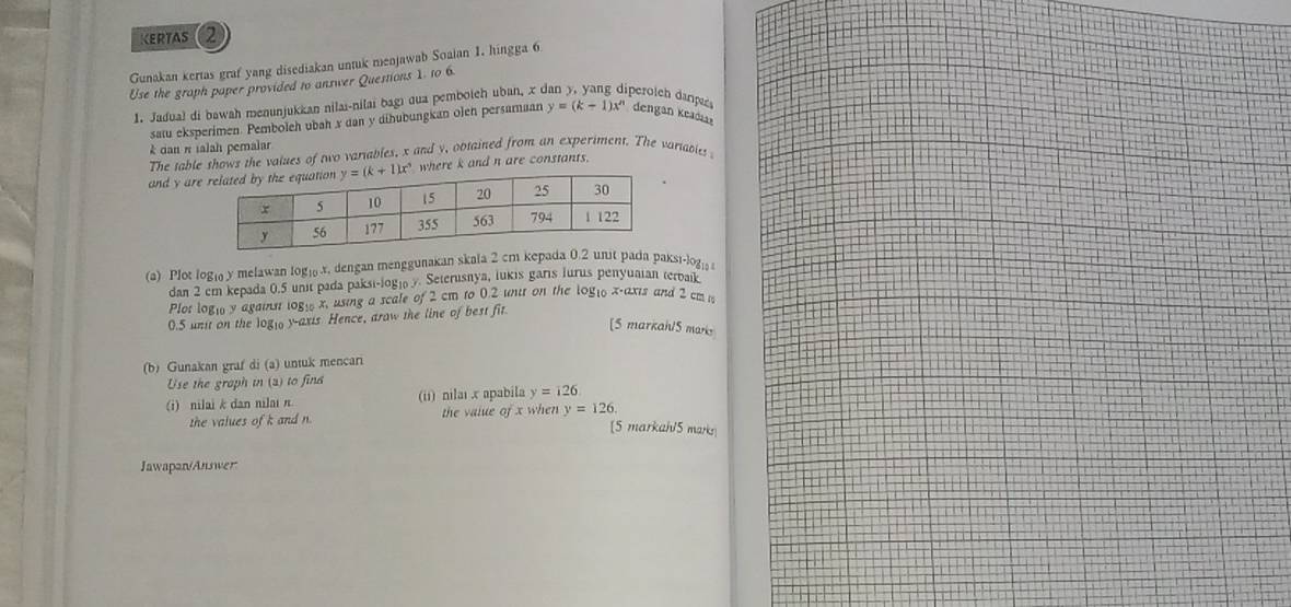 CERTAS 2
Gunakan kertas graf yang disediakan untuk menjawab Soaian 1. hingga 6
Use the graph paper provided to answer Questions 1. to 6.
1. Jadual di bawah menunjukkan nilai-nilai bagı qua pembotch uban, x dan y, yang diperoich danpar y=(k-1)x^n dengan keada
satu eksperimen. Pemboleh ubah x dan y dihubungkan olen persamaan
k dan π ialah pemalar
The table thows the values of two variables, x and y, obtained from an experiment. The variabies 
and y are where k and n are constants.
(a) Plot logi y melawan log₁ x, dengan menggunakan skala 2 cm kepada 0.2 nit pada paksi-loğ₁
dan 2 cm kepada 0.5 uni pada paksi-logi y. Seterusnya, lukis garis lurus penyuaian (erbaik
Plot logi y againn logi x, using a scale of 2 cm to 0.2 unit on the logio x-axis and 2 cm i
0.5 unt on the logio y-axts Hence, arow the line of best fit.
[5 markai15 marks
(b) Gunakan graf di (a) untuk mencari
Use the graph in (a) to find
(i) nilai k dan nilai π (ii) nilaı .x apabila y=126
the values of k and n the value of x when y=126
[5 markah/5 marks
Jawapan/Answer