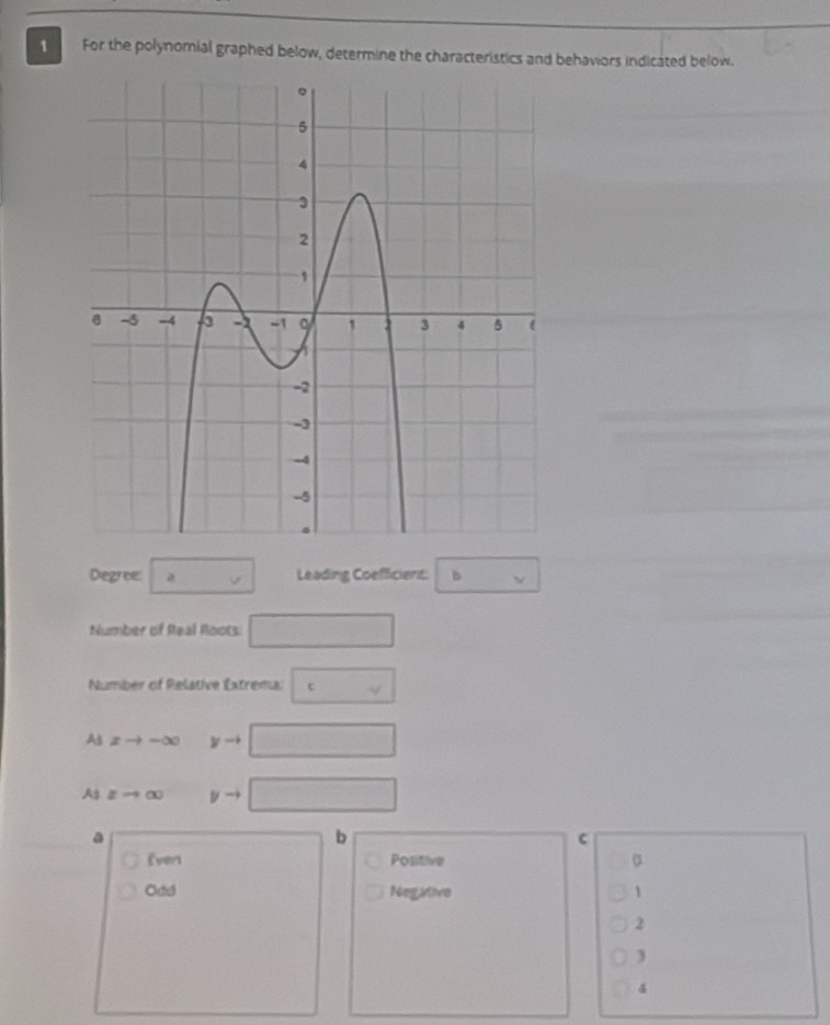 For the polynomial graphed below, determine the characteristics and behaviors indicated below. 
Degree: a □ Leading Coefficient: b □  ν 
Number of Real Roots: □ 
Number of Relative Extrema: c □ 
As xto -∈fty yto □
A$ zto ∈fty yto □
a 
Everl □ b 
C 
Positive σ 
Odd Negativo 1 
2 
3 
4