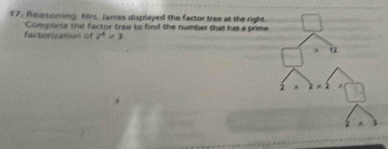 Reasoning Mrs. James displayed the factor trae at the right. 
Complete the factor tree to find the number that has a prime 
factorization of 2^4* 3