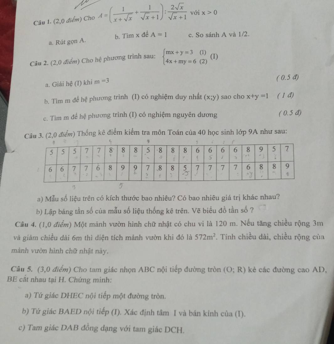 (2,0 điểm) Cho A=( 1/x+sqrt(x) + 1/sqrt(x)+1 ): 2sqrt(x)/sqrt(x)+1  với x>0
a. Rút gọn A. b. Tìm x đề A=1 c. So sánh A và 1/2.
Câu 2. (2,0 điểm) Cho hệ phương trình sau: beginarrayl mx+y=3(1) 4x+my=6(2)endarray. (I)
a. Giải hệ (I) khi m=3 (0.5 đ)
b. Tìm m đề hệ phương trình (I) có nghiệm duy nhất (x;y) sao cho x+y=1 ( 1đ)
c. Tìm m để hệ phương trình (I) có nghiệm nguyên dương ( 0.5 đ)
Câu 3. (2,0 điểm) Thống kê điểm kiểm tra môn Toán của 40 học sinh lớp 9A như sau:
a) Mẫu số liệu trên có kích thước bao nhiêu? Có bao nhiêu giá trị khác nhau?
b) Lập bảng tần số của mẫu số liệu thống kê trên. Vẽ biểu đồ tần số ?
Câu 4. (1,0 điểm) Một mảnh vườn hình chữ nhật có chu vi là 120 m. Nếu tăng chiều rộng 3m
và giảm chiều dài 6m thì diện tích mảnh vườn khi đó là 572m^2. Tính chiều dài, chiều rộng của
mảnh vườn hình chữ nhật này.
Câu 5. (3,0 điểm) Cho tam giác nhọn ABC nội tiếp đường tròn (O;R) kẻ các đường cao AD,
BE cắt nhau tại H. Chứng minh:
a) Tứ giác DHEC nội tiếp một đường tròn.
b) Tứ giác BAED nội tiếp (I). Xác định tâm I và bán kính của (I).
c) Tam giác DAB đồng dạng với tam giác DCH.