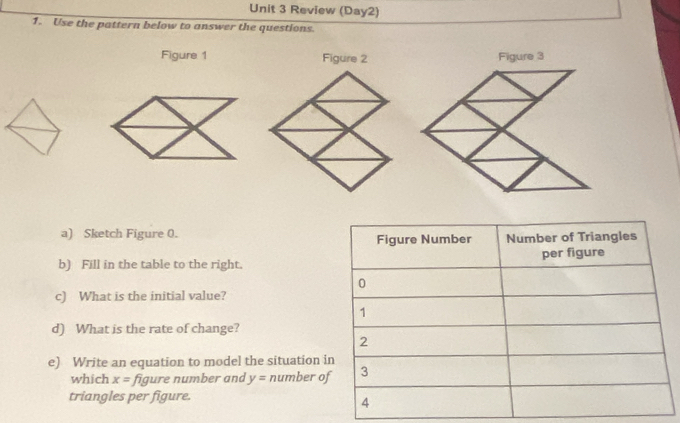 Review (Day2) 
1. Use the pattern below to answer the questions. 
Figure 1 Figure 2 
a) Sketch Figure 0. 
b) Fill in the table to the right. 
c) What is the initial value? 
d) What is the rate of change? 
e) Write an equation to model the situation i 
which x= figure number and y= number o 
triangles per figure.