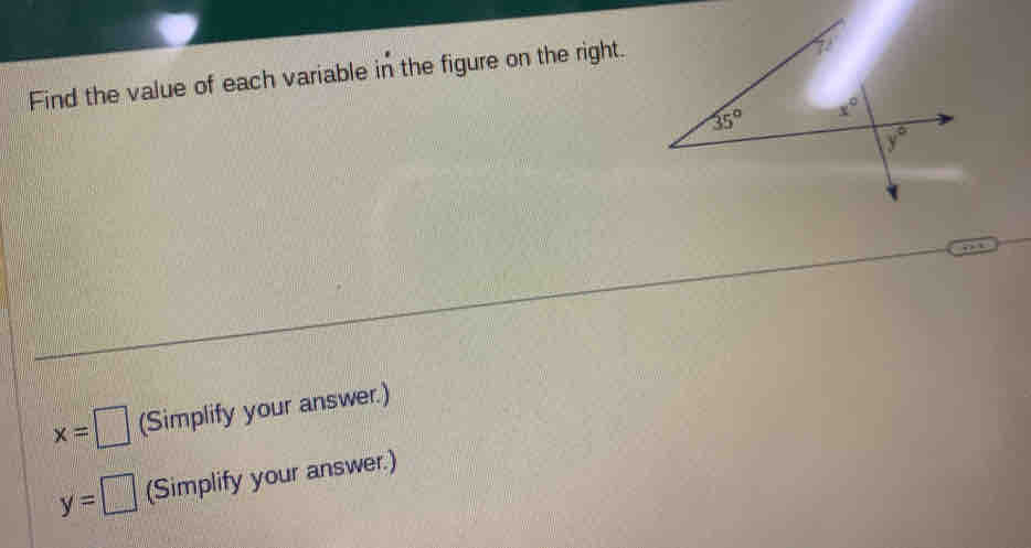 Find the value of each variable in the figure on the right.
x=□ (Simplify your answer.)
y= □ (Simplify your answer.)