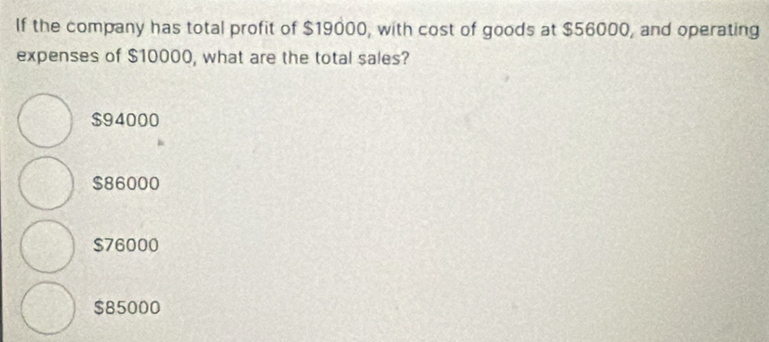 If the company has total profit of $19000, with cost of goods at $56000, and operating
expenses of $10000, what are the total sales?
$94000
$86000
$76000
$85000