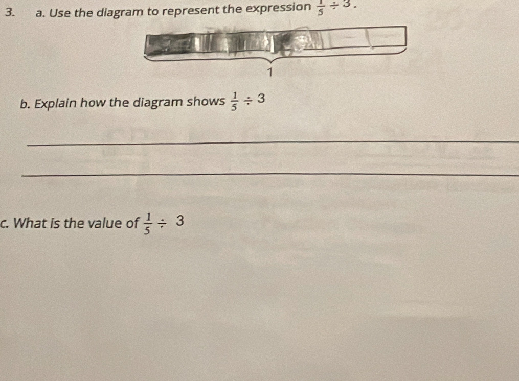 Solved: Use the diagram to represent the expression 1/5 / 3. b. Explain ...
