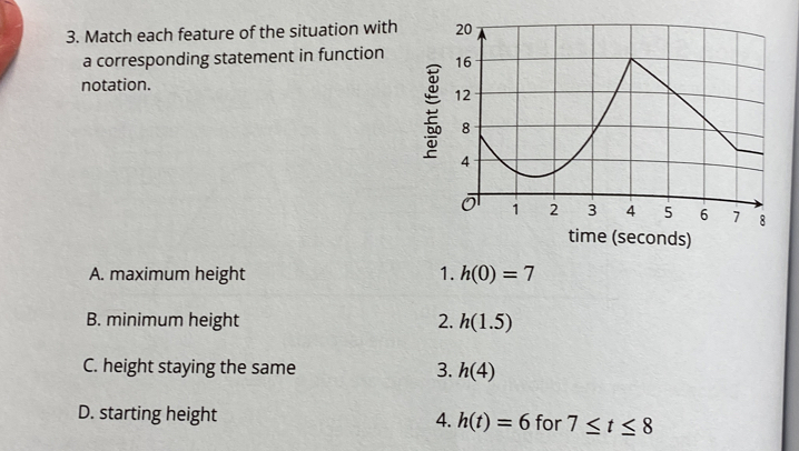 Match each feature of the situation with 
a corresponding statement in function 
notation.
time (seconds)
A. maximum height 1. h(0)=7
B. minimum height 2. h(1.5)
C. height staying the same 3. h(4)
D. starting height 4. h(t)=6 for 7≤ t≤ 8