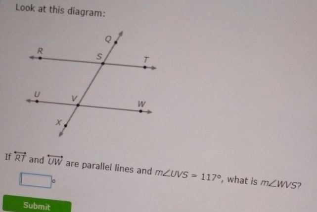 Look at this diagram: 
If overleftrightarrow RT and overleftrightarrow UW are parallel lines and m∠ UVS=117°
□°
, what is m∠ WVS ? 
Submit