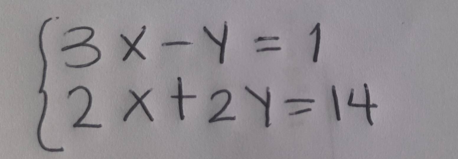 beginarrayl 3x-y=1 2x+2y=14endarray.