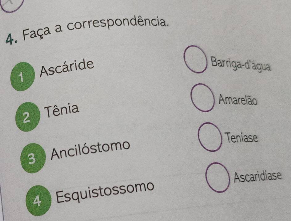 Faça a correspondência. 
1 Ascáride 
Barriga-d'água 
Amarelão 
2 Tênia 
Teníase 
3 Ancilóstomo 
Ascaridíase 
4 Esquistossomo