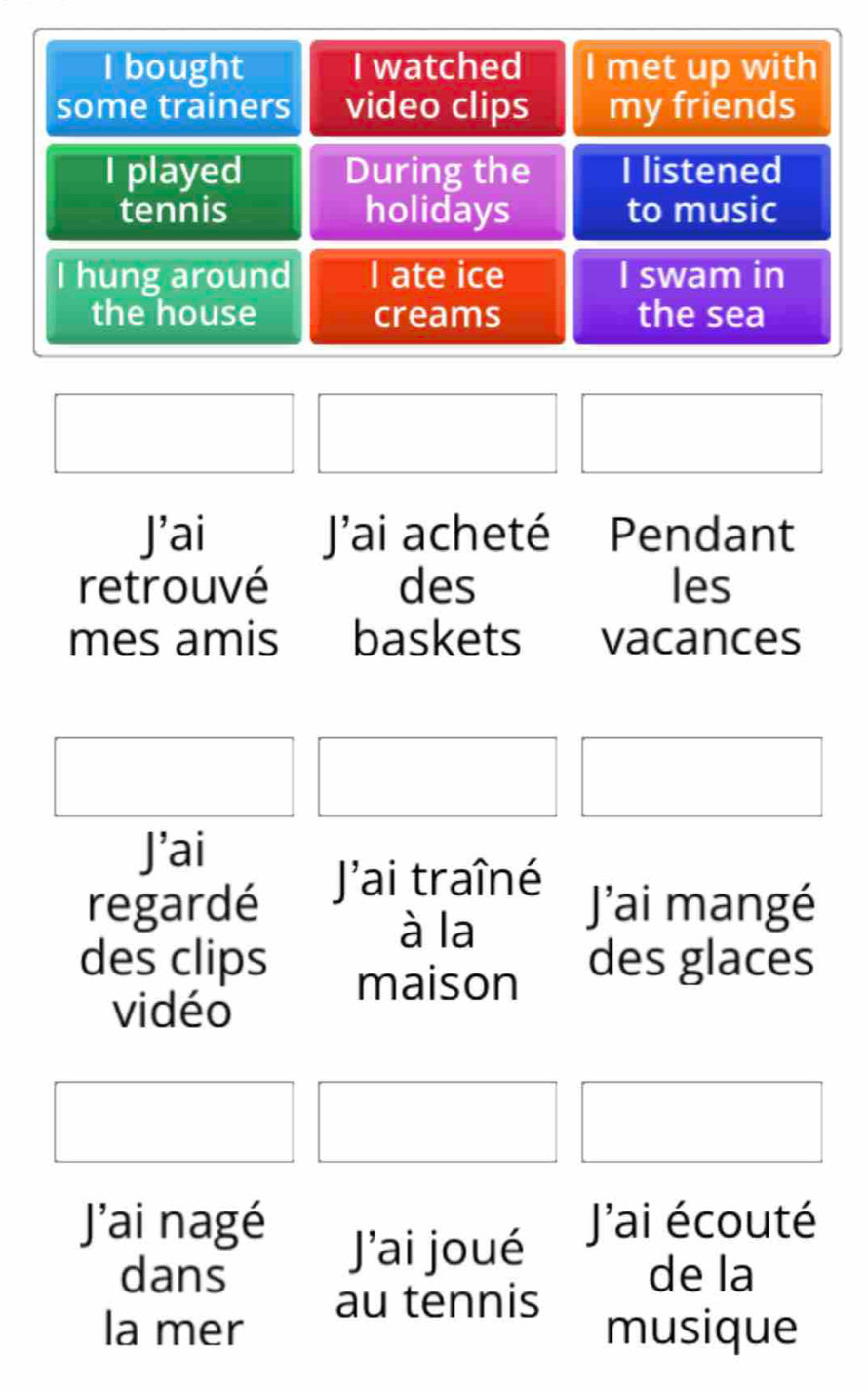 J’ai J'ai acheté Pendant 
retrouvé des les 
mes amis baskets vacances 
J’ai 
J'ai traîné 
regardé J'ai mangé 
à la 
des clips des glaces 
maison 
vidéo 
J'ai nagé J'ai écouté 
J’ai joué 
dans de la 
au tennis 
la mer musique