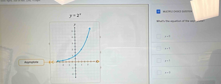 QUESTION
y=2^x
What's the equation of the asymplote?
y=0
x=1
Asymptote
y=1
x=0