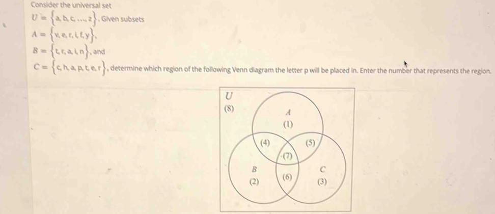 Consider the universal set
U= a,b,c,...,2 , Given subsets
A= v,e,r,l,t,y ,
B= t,r,a,t,n ,and
C= c,h,a,p,t,e,r , determine which region of the following Venn diagram the letter p will be placed in. Enter the number that represents the region.
U
(8) A
(1) 
(4) (5) 
(7)
B
C
(2) (6) 
(3)