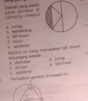 ang p  
Daerah yang diarsir
pada gambar di
samping disebut
,
a. juring
b. tembereng
c. tall busur
d. busur
e. apotema
Berikut ini yang merupakan tali busur
terpanjang adalah ....
7
a. diameter d. . juring
b. jari-jari e. tali busur
c. apotema
B、 Perhatikan gambar di bawah ini.
ε