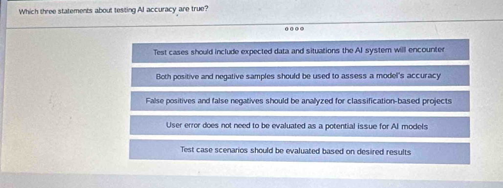 Which three statements about testing AI accuracy are true?
o o o o
Test cases should include expected data and situations the AI system will encounter
Both positive and negative samples should be used to assess a model's accuracy
False positives and false negatives should be analyzed for classification-based projects
User error does not need to be evaluated as a potential issue for Al models
Test case scenarios should be evaluated based on desired results