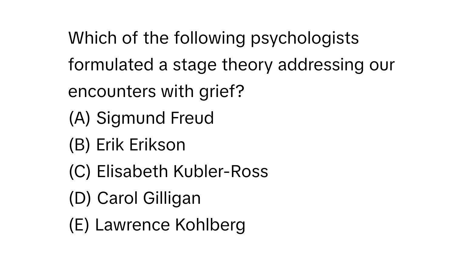 Which of the following psychologists formulated a stage theory addressing our encounters with grief?
(A) Sigmund Freud
(B) Erik Erikson
(C) Elisabeth Kubler-Ross
(D) Carol Gilligan
(E) Lawrence Kohlberg