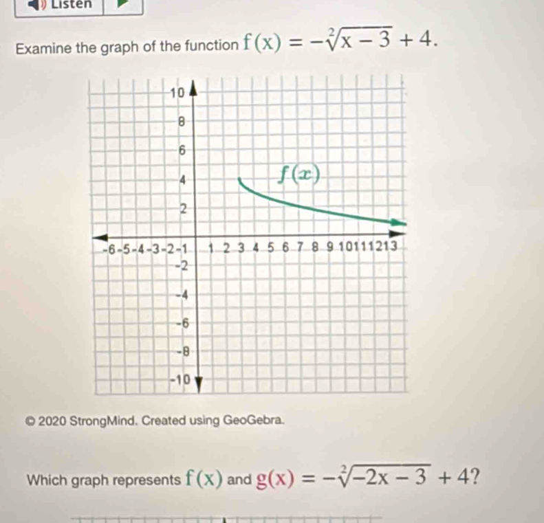 Listen
Examine the graph of the function f(x)=-sqrt[2](x-3)+4.
2020 StrongMind. Created using GeoGebra.
Which graph represents f(x) and g(x)=-sqrt[2](-2x-3)+4 ?