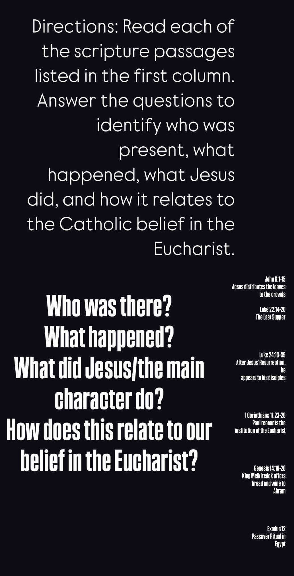 Directions: Read each of 
the scripture passages 
listed in the first column. 
Answer the questions to 
identify who was 
present, what 
happened, what Jesus 
did, and how it relates to 
the Catholic belief in the 
Eucharist. 
John 6:1-15 
Jesus distributes the loaves 
to the crowds 
Who was there? Luke 22:14-20
The Last Supper 
What happened? 
Luke 24:13-35 
What did Jesus/the main After Jesus' Resurrection, 
he 
appears to his disciples 
character do? 
1 Gorinthians 11:23-26 
Paul recounts the 
How does this relate to our institution of the Eucharist 
belief in the Eucharist? 
Genesis 14:18-20 
King Melkizedek offers 
bread and wine to 
Abram 
Exodus 12
Passover Ritual in 
Egypt