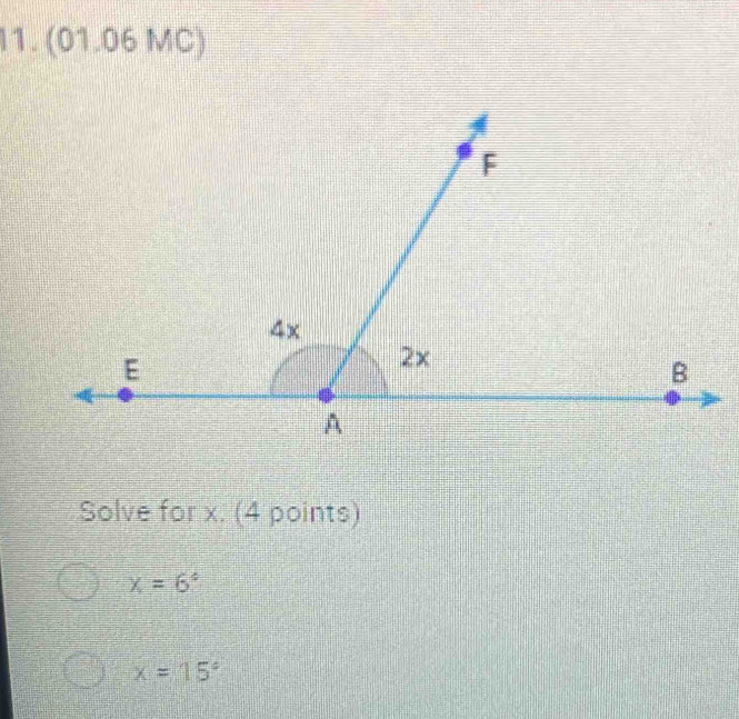 I1. (01.06 MC)
Solve for x. (4 points)
x=6°
x=15°