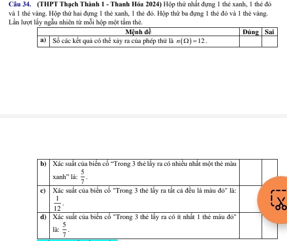 (THPT Thạch Thành 1 - Thanh Hóa 2024) Hộp thứ nhất đựng 1 thẻ xanh, 1 thẻ đỏ
và 1 thẻ vàng. Hộp thứ hai đựng 1 thẻ xanh, 1 thẻ đỏ. Hộp thứ ba đựng 1 thẻ đỏ và 1 thẻ vàng.
Lần lượt lấy ngẫu nhiên từ mỗi hộp một tấm thê.