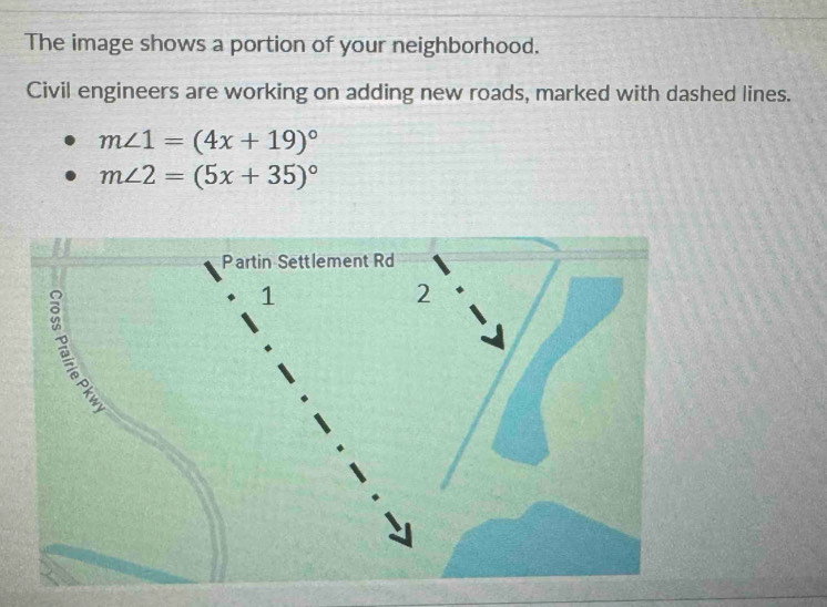 The image shows a portion of your neighborhood. 
Civil engineers are working on adding new roads, marked with dashed lines.
m∠ 1=(4x+19)^circ 
m∠ 2=(5x+35)^circ 