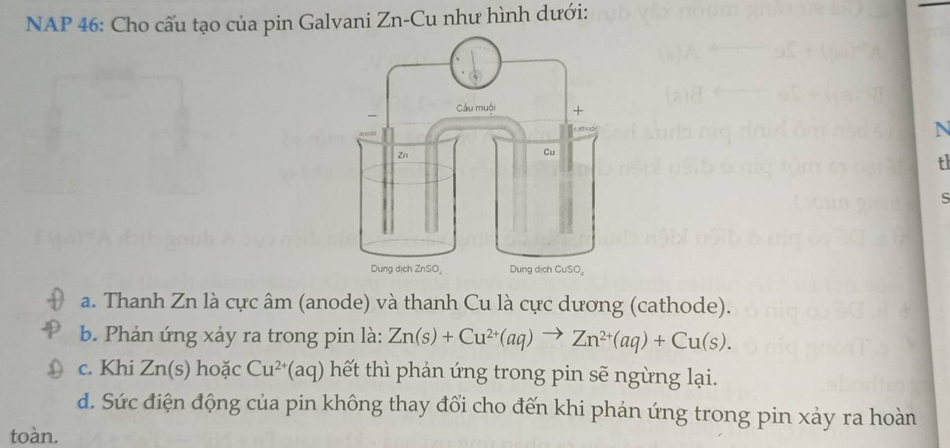 NAP 46: Cho cấu tạo của pin Galvani Zn-Cu như hình dưới:
N
t
S
a. Thanh Zn là cực âm (anode) và thanh Cu là cực dương (cathode).
b. Phản ứng xảy ra trong pin là: Zn(s)+Cu^(2+)(aq)to Zn^(2+)(aq)+Cu(s). 
c. Khi 7 In (s) hoặc Cu^(2+)(aq) hết thì phản ứng trong pin sẽ ngừng lại.
d. Sức điện động của pin không thay đổi cho đến khi phản ứng trong pin xảy ra hoàn
toàn.