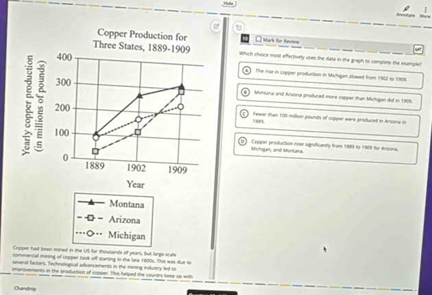 Annotate Ü ar
Copper Production for 10 Mark for Review
Three States, 1889-1909 Which choice most effectively uses the data in the graph to complete the example?
A. 1
The rise in copper production in Michigan slowed from 1902 to 1909.
B Montana and Arizona produced more copper than Michigan did in 1909.
Fewer than 100 million pounds of copper were produced in Arizona in
1889,
Copper production rose significantly from 1889 to 1909 for Arizona,
Michigan, and Montana.
Year
Montana
Arizona
Michigan
Copper had been mined in the US for thousands of years, but large-scale
commercial mining of copper took off starting in the late 1800s. This was due to
several factors. Technological advancements in the mining industry led to
improvements in the production of copper. This helped the country keep up with
Chandnip