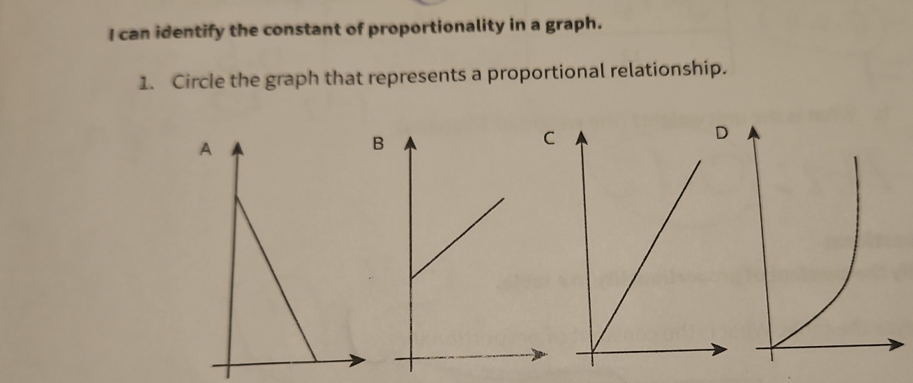 can identify the constant of proportionality in a graph. 
1. Circle the graph that represents a proportional relationship. 
B