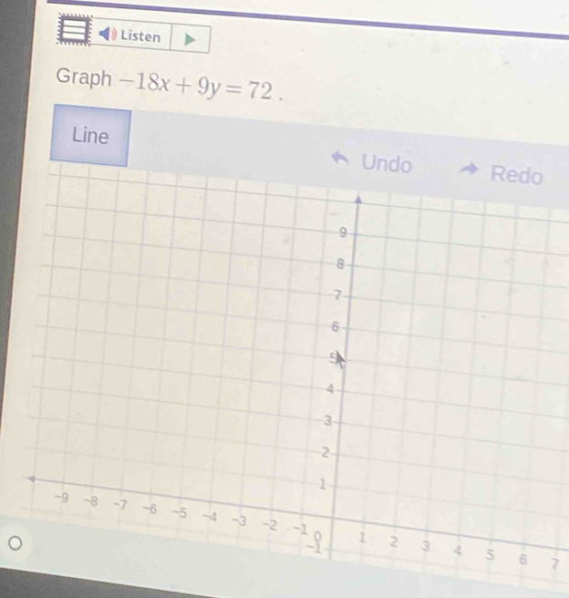 Listen 
Graph -18x+9y=72. 
Line 
7