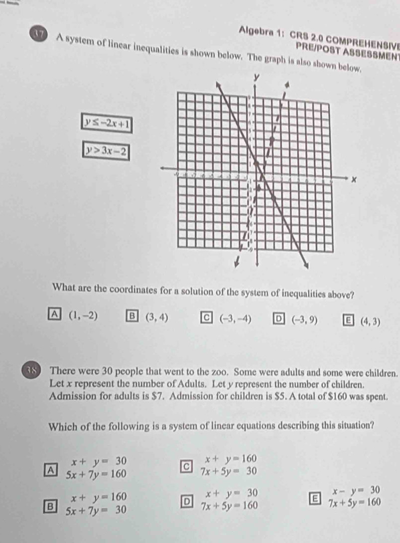 Algebra 1： CRS 2.0 COMPREHENSIVE
PRE/POST ASSESSMEN
A system of linear inequalities is shown below. The graph is also shown b
y≤ -2x+1
y>3x-2
What are the coordinates for a solution of the system of inequalities above?
A (1,-2) B (3,4) (-3,-4) D (-3,9) (4,3)
380 There were 30 people that went to the zoo. Some were adults and some were children.
Let x represent the number of Adults. Let y represent the number of children.
Admission for adults is $7. Admission for children is $5. A total of $160 was spent.
Which of the following is a system of linear equations describing this situation?
x+y=30
x+y=160
c 7x+5y=30
A 5x+7y=160
x+y=160
x+y=30
x-y=30
D 7x+5y=160
E 7x+5y=160
B 5x+7y=30