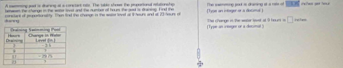 A issering pool is draining at a constant rate. The table shows the proportional relationship The swemming poul is draming at a rate of 17 inches per hour
berween the change in the water level and the number of hours the pool is draining. Find the 
canstant of proportionality. Then find the change in the water level at 9 hours and at 23 hours of (Type an integer or a decimal.) 
draming The change in the water level at 9 hours is □ inches
(Type an integer or a decimal.)