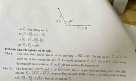 a) vector F_1 cùng huớng với overline F_2
b) |overline F_1+overline F_2|=|overline F_1|+|overline F_2|
c) |overline F_1-overline F_2|=|overline F_1|-|overline F_2|
d) |vector F_1+vector F_2|=sqrt(19)
PHAN III. Câu trắc nghiệm trả lời ngắn
Cầu 1: Cho hình thoi ABCD tâm O và có cạnh bằng o, widehat BAD=60°. Cho hai lực lực overline F_1 vā vector F_1 có
điểm đặt 4 theo hướng của overline AD;overline AB Cường độ của hai lực overline F_1 và overline F_1 đều là 50N . Tình cường
độ tổng hợp lực của hai lực overline F_1 và overline F_2 (kết quả làm tròn đến hàng đơn vị)
Câu 2: Cho hình thoi ABCD cạnh a có widehat BAD=60°. Gọi O là giao điểm hai đường chéo. Biểu diễn
các lực overline F_1=overline AB_1F_2=overline AD_1F_1 cùng tác động vào một vật đật tại điểm A và ở trạng thái cân bằng
biết |vector F_1|=|vector F_2|=2sqrt(3)N. Tinh độ lớn của lực vector F_1.