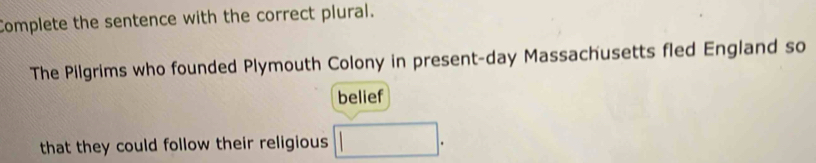 Complete the sentence with the correct plural. 
The Pilgrims who founded Plymouth Colony in present-day Massachusetts fled England so 
belief 
that they could follow their religious □ .