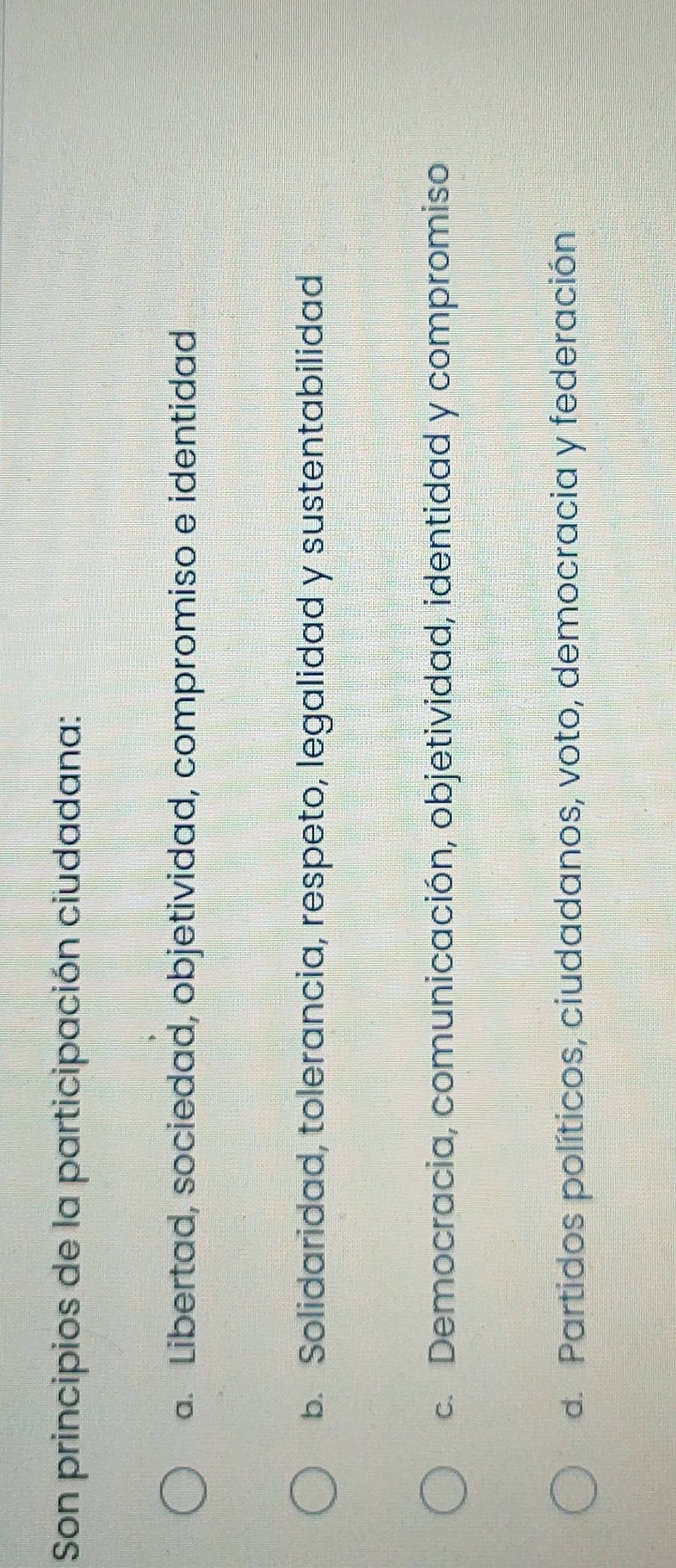Son principios de la participación ciudadana:
a. Libertad, sociedad, objetividad, compromiso e identidad
b. Solidaridad, tolerancia, respeto, legalidad y sustentabilidad
c. Democracia, comunicación, objetividad, identidad y compromiso
d. Partidos políticos, ciudadanos, voto, democracia y federación