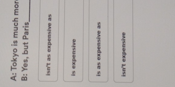 A: Tokyo is much mor
B: Yes, but Paris_
isn't as expensive as
is expensive
is as expensive as
isn't expensive