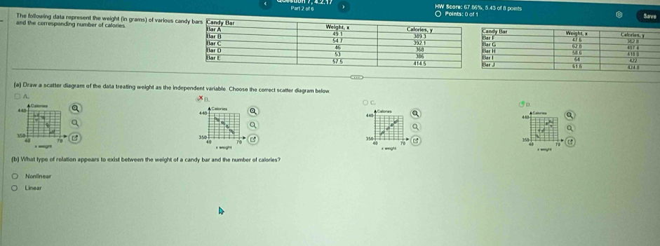 of § HW Score: 67.86%, 5.43 of 8 points Save
○ Points: 0 of 1
The following data represent the weight (in grams) of various ca
and the corresponding number of calories 
(a) Draw a scatter diagram of the data treating weight as the independent variable. Choose the correct scatter diagram below
A.
B.
C.
D.
440 440 Q
440
350 40
350 6
40 70 350
x wegh x weigh
(b) What type of relation appears to exist between the weight of a candy bar and the number of calories?
Nonlineur
Linear