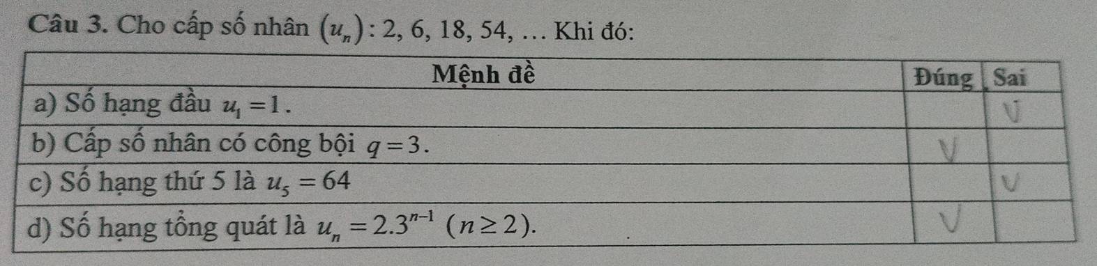 Cho cấp số nhân (u_n):2,6,18,54,... Khi đó: