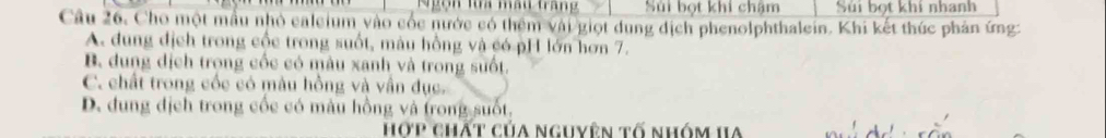 Ngọn ta mâu trang Sửi bọt khi chậm Súi bọt khí nhanh
Câu 26. Cho một mẫu nhỏ caleium vào cốc nước có thêm vài giọt dung dịch phenolphthalein. Khi kết thúc phản ứng:
A. dung địch trong cốc trong suốt, màu hồng và có pH lớn hơn 7.
B. dung dịch trọng cốc có màu xanh và trong suốt.
C. chất trong cốc có màu hồng và vân đục.
D. dung địch trong cốc có màu hồng và trong suốt,
hợp chất của nguyên tố nhóm Ha