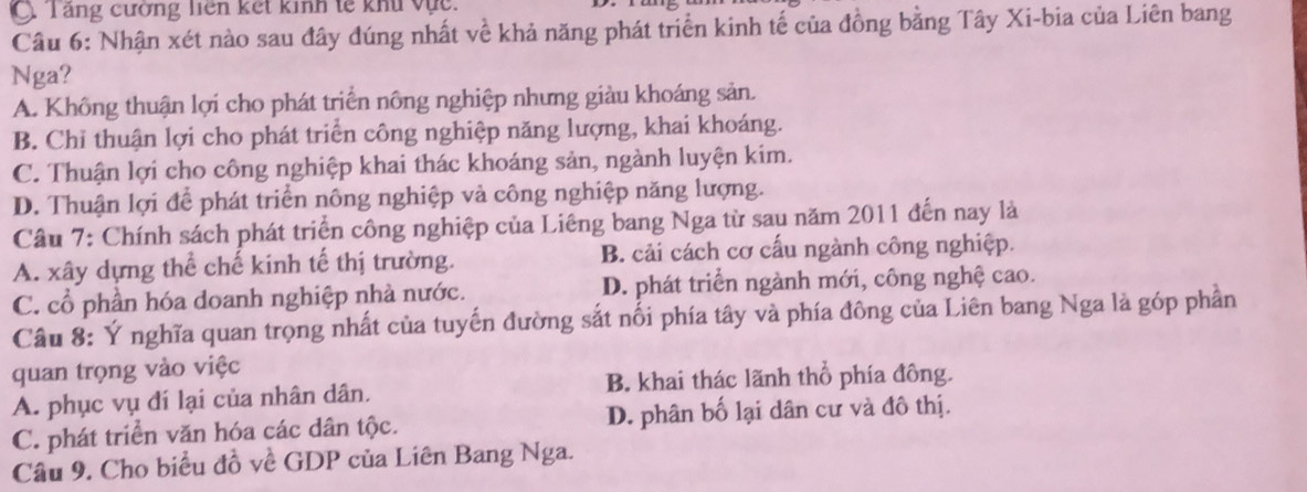 C Tăng cường liên kết kinh tế khu vực.
Câu 6: Nhận xét nào sau đây đúng nhất về khả năng phát triển kinh tế của đồng bằng Tây Xi-bia của Liên bang
Nga?
A. Không thuận lợi cho phát triển nông nghiệp nhưng giàu khoáng sản.
B. Chỉ thuận lợi cho phát triển công nghiệp năng lượng, khai khoáng.
C. Thuận lợi cho công nghiệp khai thác khoáng sản, ngành luyện kim.
D. Thuận lợi để phát triển nông nghiệp và công nghiệp năng lượng.
Câu 7: Chính sách phát triển công nghiệp của Liêng bang Nga từ sau năm 2011 đến nay là
A. xây dựng thể chế kinh tế thị trường. B. cải cách cơ cấu ngành công nghiệp.
C. cổ phần hóa doanh nghiệp nhà nước. D. phát triển ngành mới, công nghệ cao.
Câu 8: Ý nghĩa quan trọng nhất của tuyến đường sắt nối phía tây và phía đông của Liên bang Nga là góp phần
quan trọng vào việc
A. phục vụ đí lại của nhân dân. B. khai thác lãnh thổ phía đông.
C. phát triển văn hóa các dân tộc. D. phân bố lại dân cư và đô thị.
Câu 9. Cho biểu đồ về GDP của Liên Bang Nga.