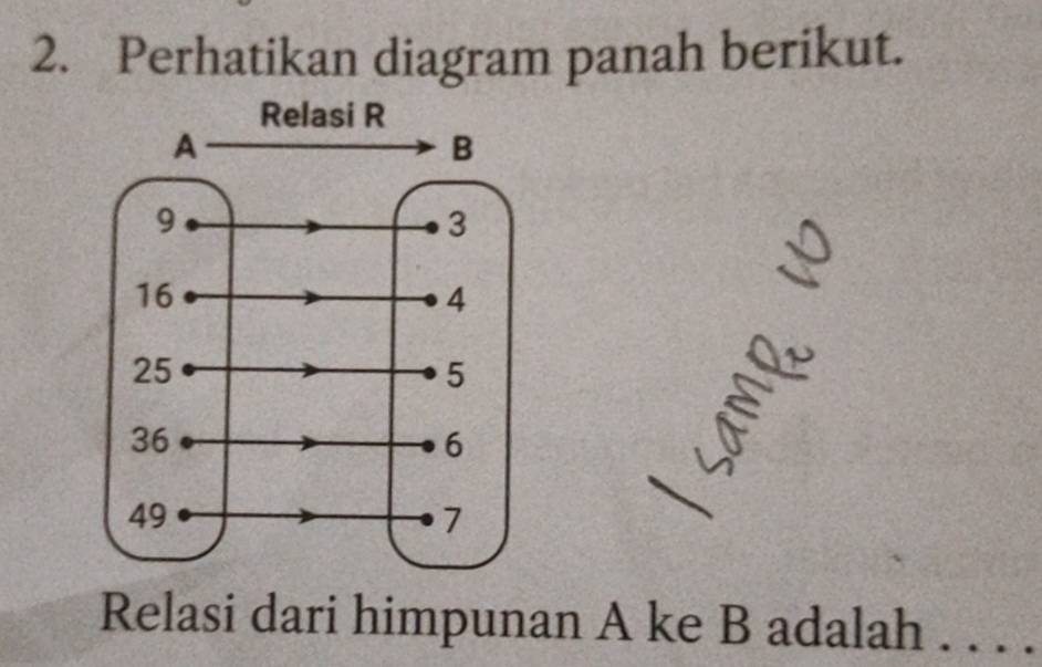 Perhatikan diagram panah berikut. 
E 
Relasi dari himpunan A ke B adalah . . . .