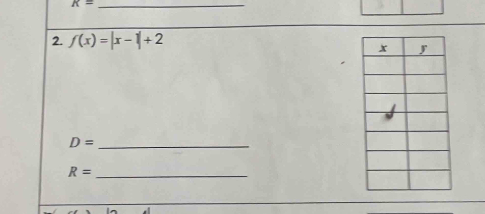 K= _ 
2. f(x)=|x-1|+2
_ D=
R= _