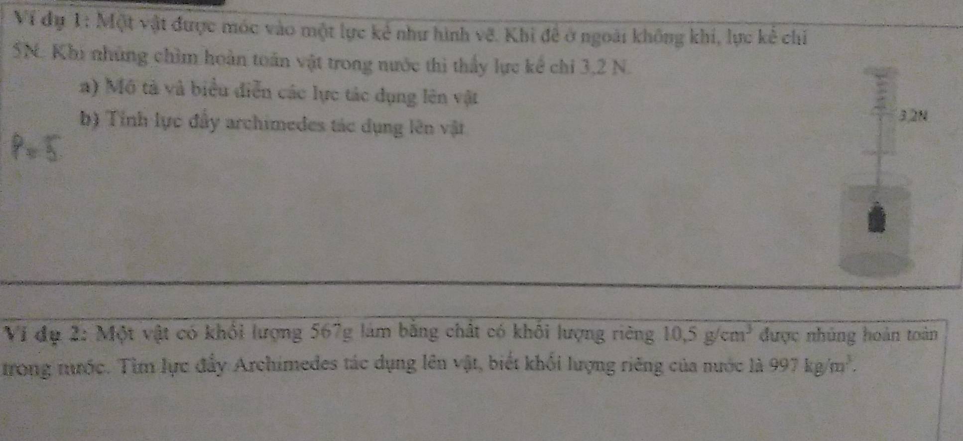 Ví dụ 1: Một vật được móc vào một lực kẻ như hình vẽ. Khi đề ở ngoài không khí, lực kể chỉ
5N. Khi những chìm hoàn toán vật trong nước thi thấy lực kể chi 3, 2 N. 
a) Mô tả và biểu diễn các lực tác dụng lên vật 
b) Tính lực đầy archimedes tác dụng lên vật 3,2N 
Vi đụ 2: Một vật có khổi lượng 567g làm bằng chất có khối lượng riêng 10.5g/cm^3 được nhủng hoàn toàn 
trong tước. Tìm lực đẩy Archimedes tác dụng lên vật, biết khối lượng riêng của nước là 9 97kg/m^3.