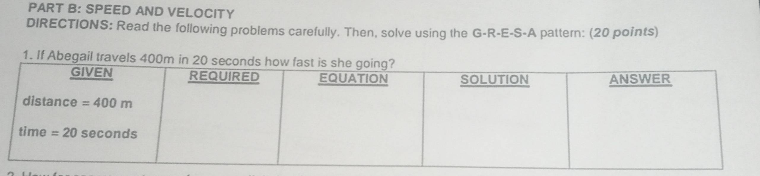 SPEED AND VELOCITY
DIRECTIONS: Read the following problems carefully. Then, solve using the G-R-E-S-A pattern: (20 points)
1. If Abegail travels 400m in