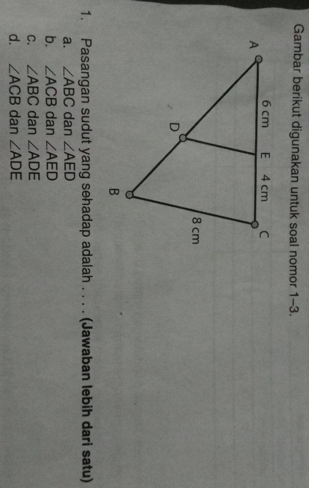 Gambar berikut digunakan untuk soal nomor 1-3.
1. Pasangan sudut yang sehadap adalah . . . . (Jawaban lebih dari satu)
a. ∠ ABC dan ∠ AED
b. ∠ ACB dan ∠ AED
C. ∠ ABC dan ∠ ADE
d. ∠ ACB dan ∠ ADE