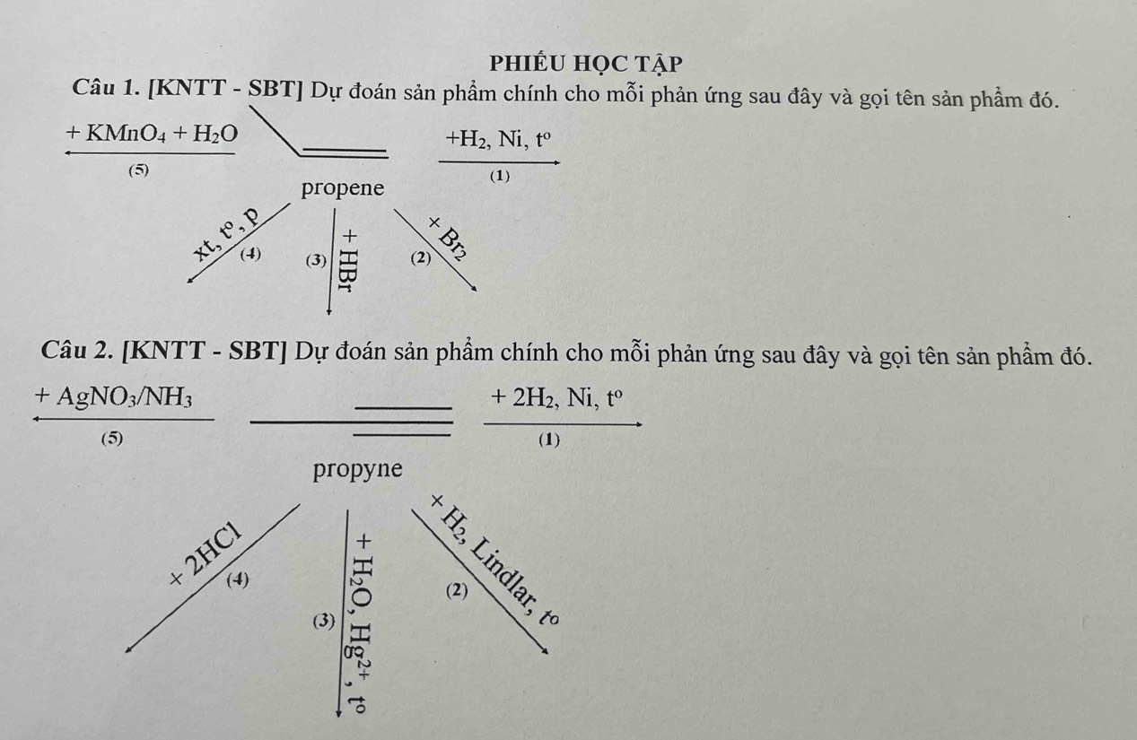 phIÉU HọC tập
Câu 1. [KNTT - SBT] Dự đoán sản phẩm chính cho mỗi phản ứng sau đây và gọi tên sản phẩm đó.
+KMnO_4+H_2O
+H_2,Ni,t^o
(5)
(-3,4) (1)
propene
1
 (xt,t^0,p)/(x)  (3) beginarrayr +  (-1)/50 endarray frac □  beginarrayr x (2)endarray
Câu 2. [KNTT - SBT] Dự đoán sản phẩm chính cho mỗi phản ứng sau đây và gọi tên sản phẩm đó.
+AgNO_3/NH_3
(5)
frac +2H_2,Ni,t^o(1)
propyne
+)